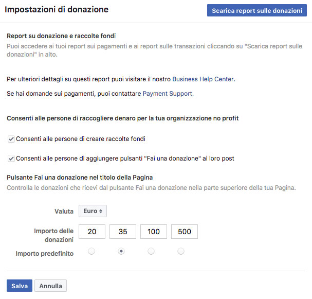 Impostazione di donazione Facebook